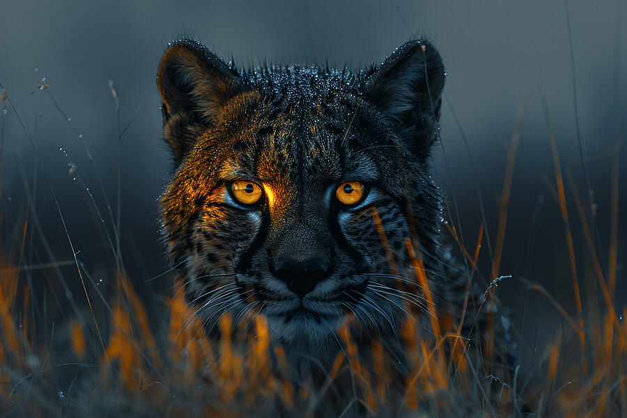 Wildlife Photograph - Intense cheetah face close-up with piercing yellow eyes, set against a dark, moody background with subtle grass details. by David Mohn