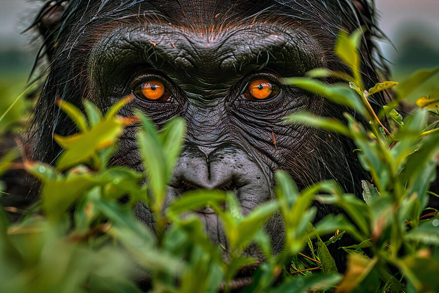 Wildlife Photograph - Intense gaze of a gorilla peeking through lush green foliage, highlighting its piercing orange eyes. by David Mohn