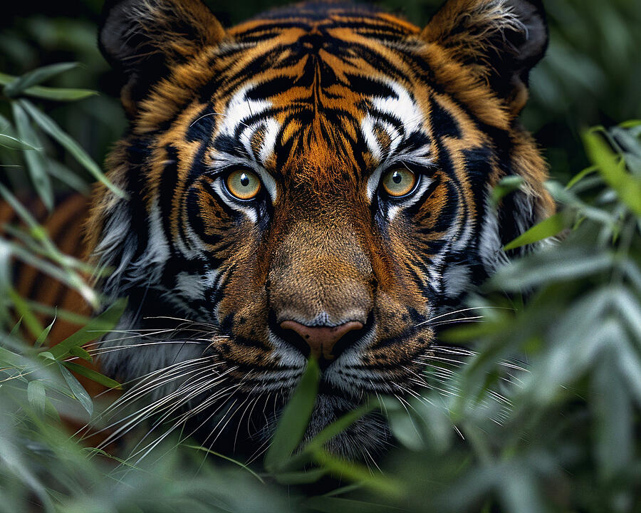 Wildlife Photograph - Intense tiger face camouflaged in foliage, staring directly at the camera with vivid details and striking colors. by David Mohn