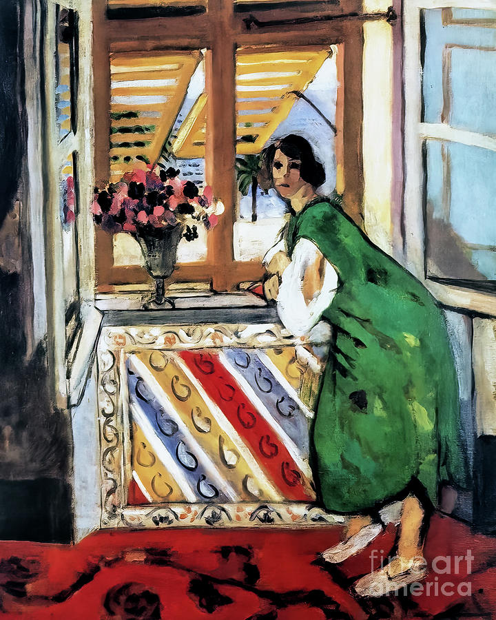 Interior At Nice Young Woman In A Green Dress Opening A Window By Henri Matisse Painting