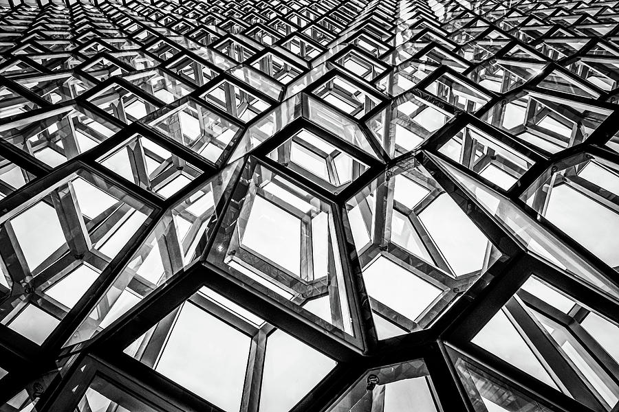 Interior of Harpa Concert Hall in Reykjavik Iceland  in Black and White Photograph by Alexios Ntounas