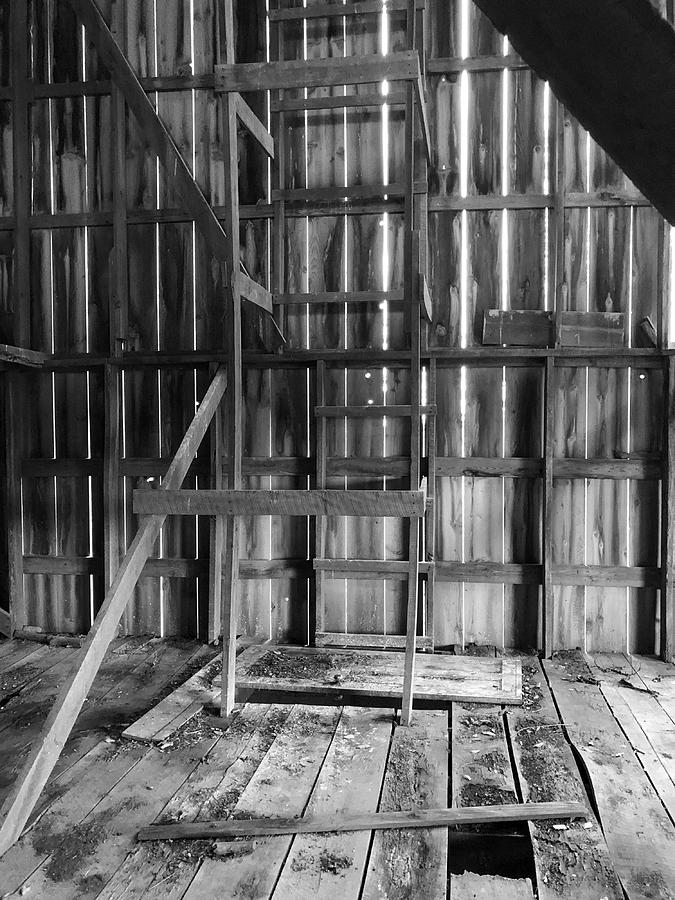 Interior of Rural Kansas Barn in Black and White Photograph by Michael Dean Shelton