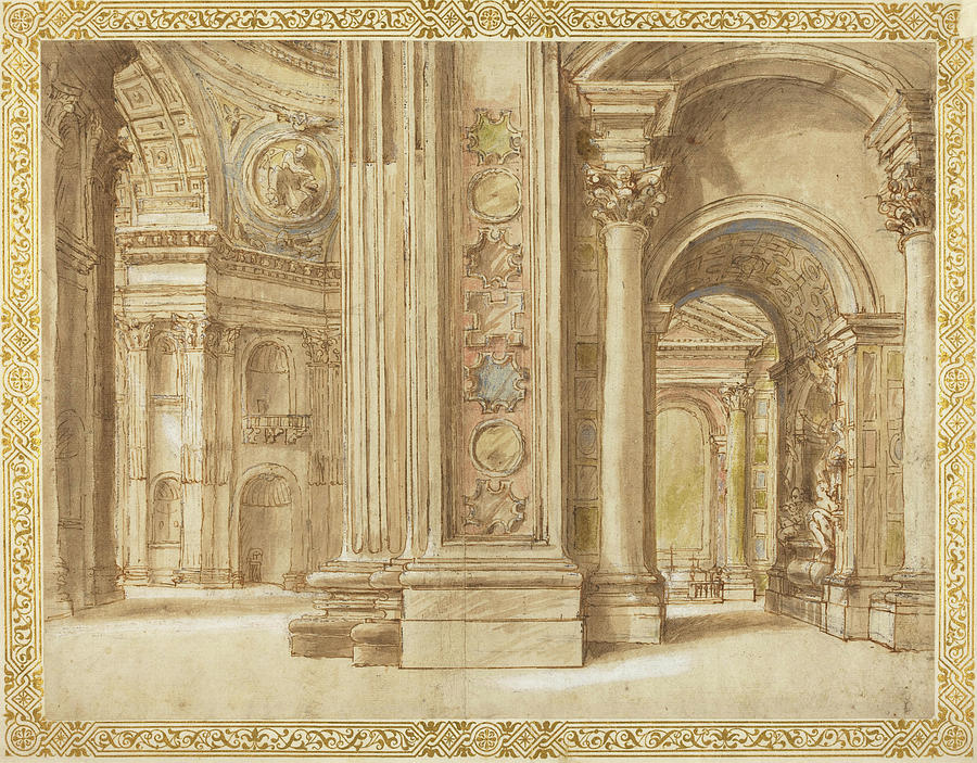 Interior of Saint Peter Basilica, Unknown author, XVII century Painting by AM FineArtPrints