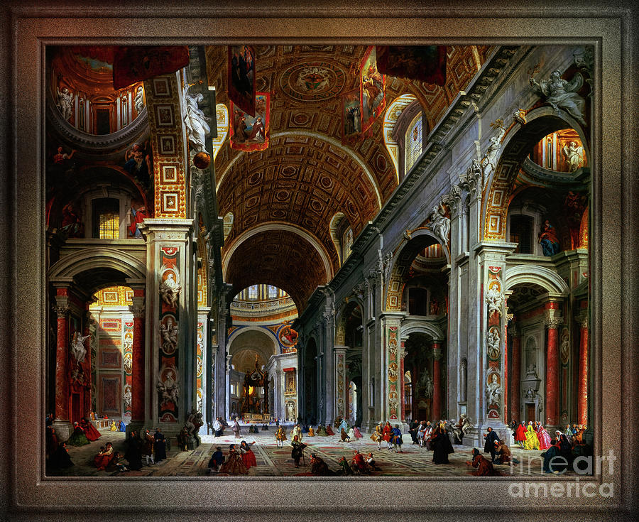 Interior of St. Peters Basilica, Rome by Giovanni Paolo Panini Classical Art Old Masters Reproducti Painting by Rolando Burbon