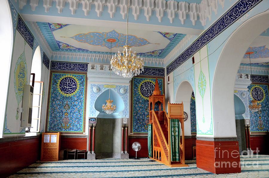 Interior prayer area with blue calligraphy mihrab columns Jumah Central Mosque Tbilisi Georgia Photograph by Imran Ahmed
