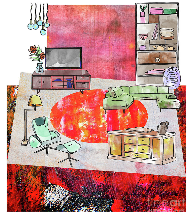 Interior Room With Furniture By Sketch Watercolor Objects, Livin Digital Art by Ariadna De Raadt
