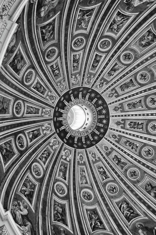 Interior View of the Dome of Saint Peters Basilica Vatican City Rome Italy Black and White Photograph by Shawn OBrien
