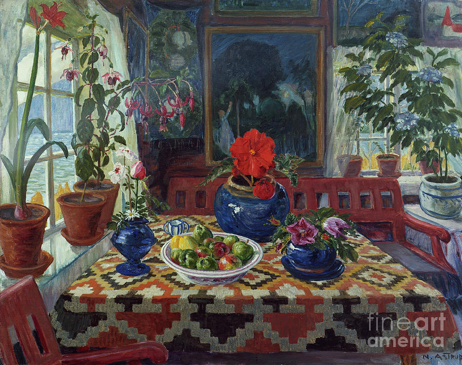 Interior with a big blue pot, 1912 Painting by O Vaering by Nikolai Astrup