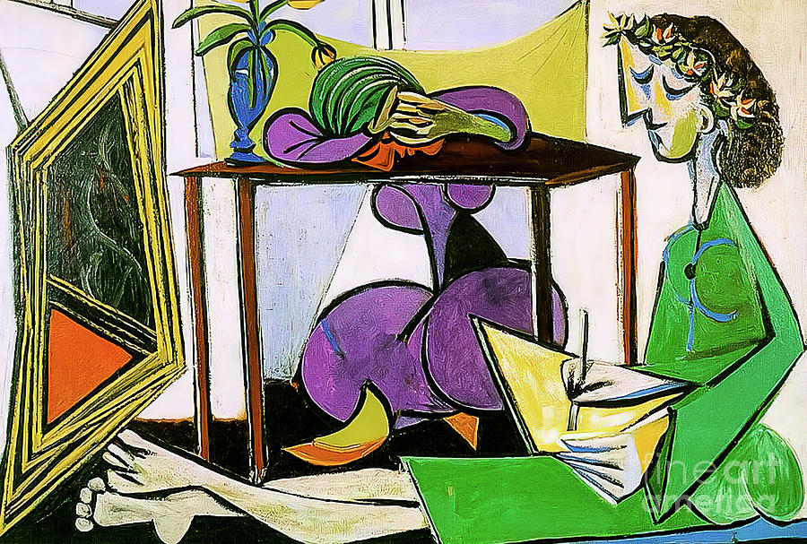 Interior With Girl Drawing by Pablo Picasso 1956 Painting by Pablo Picasso