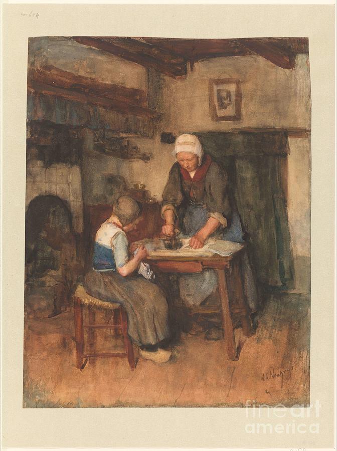 Interior with ironing woman and sewing child, Albert Neuhuys 1854 ...