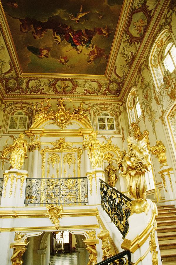 Interiors of the entrance hall of a palace, Peterhof Grand Palace, St. Petersburg, Russia Photograph by Glow Images