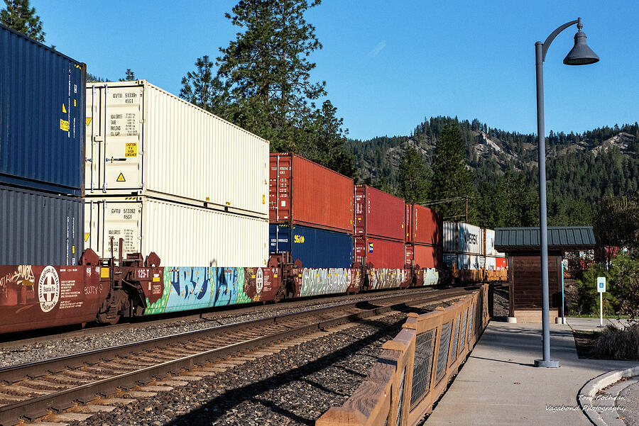 Cargo Train Passing Through Scenic Landscape Photograph - Intermodal Containers Passing Icicle Station by Tom Cochran
