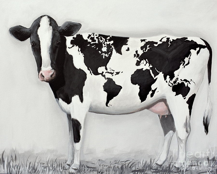 International Bovine world map cow  print Painting by Debbie Criswell