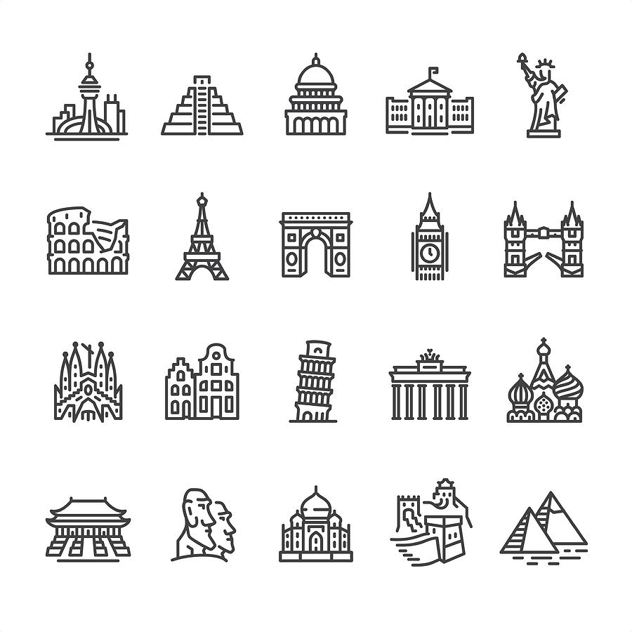 International Landmark and Famous Place - outline vector icons Drawing by Lushik
