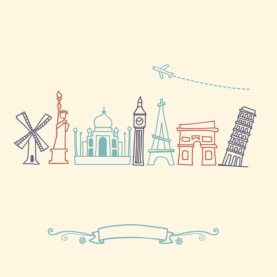 International landmarks and travel destinations cityscape set Drawing by Ceneri
