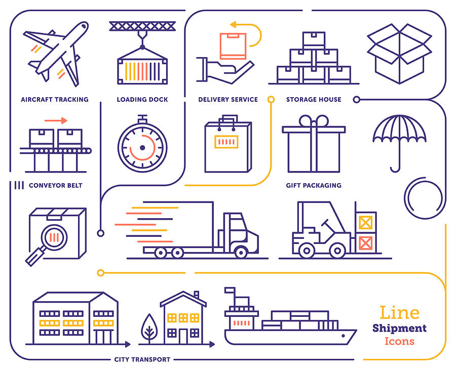 International Shipping & Tracking Line Icon Set Drawing by Ilyast