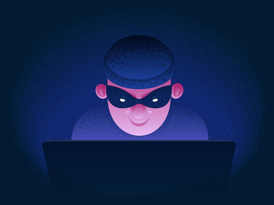 Internet fraud. Hacker behind a laptop monitor. Phishing and online surveillance. Identity theft and hacking of bank Drawing by Aleksey-martynyuk