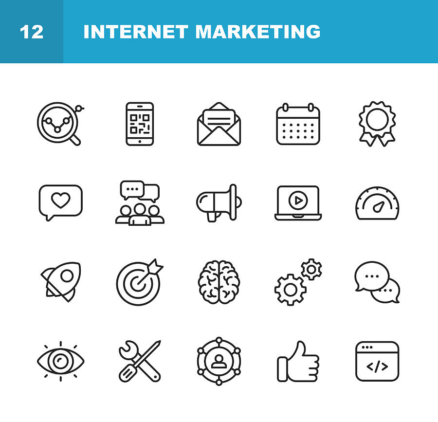Internet Marketing Line Icons. Editable Stroke. Pixel Perfect. For Mobile and Web. Contains such icons as Digital Marketing, Social Media, Marketing Strategy, Brainstorming, Sharing and Commenting. Drawing by Rambo182
