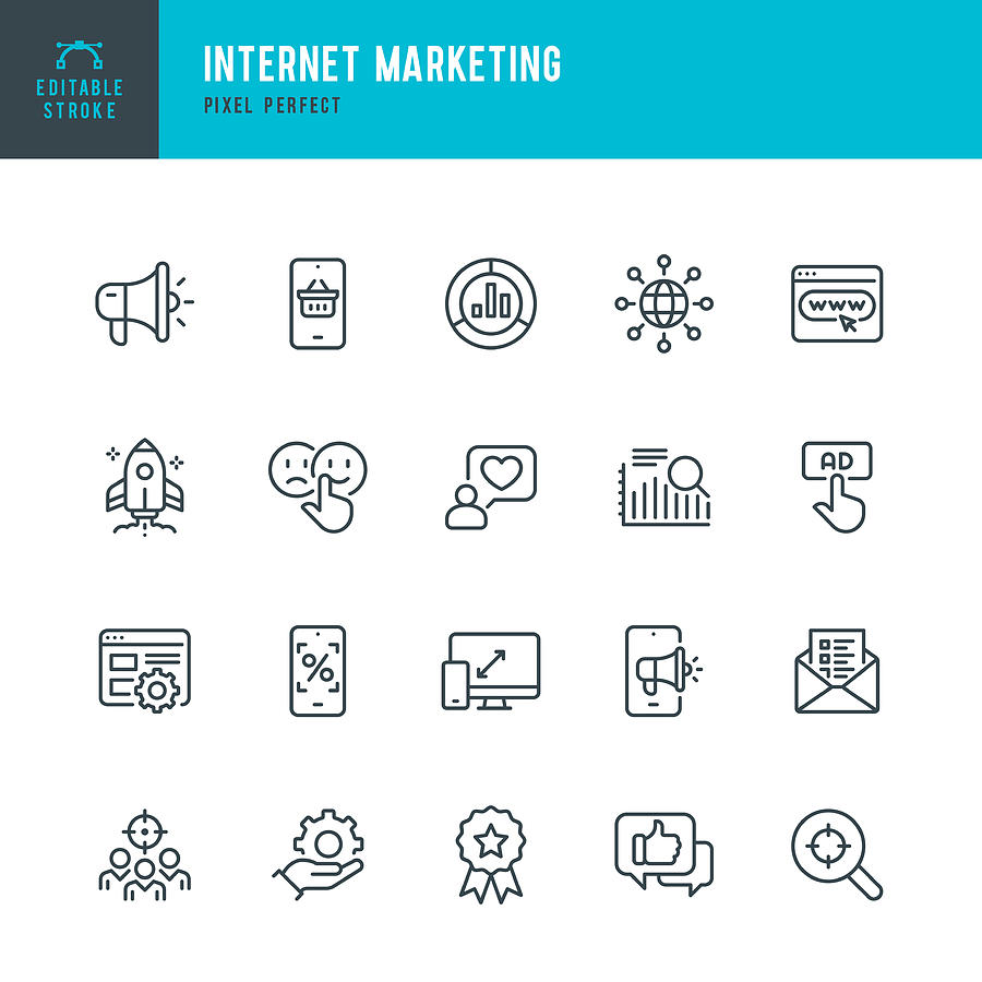 INTERNET MARKETING - thin line vector icon set. Pixel perfect. Editable stroke. The set contains icons: Online Shopping, Testimonial, Questionnaire, Megaphone, Rocket, Contented Emotion. Drawing by Fonikum