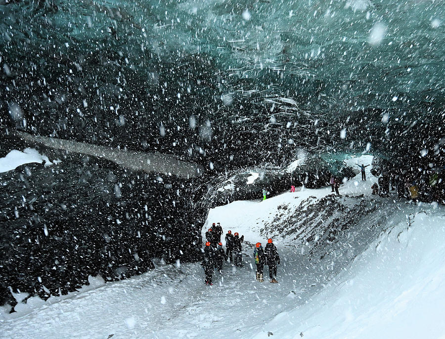 Mug Photograph - Hiking Into the Ice Cave while Snowing in Iceland by Sheri Fresonke Harper