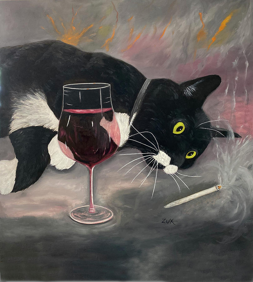 Intoxicated Cat Painting by Karen Zuk Rosenblatt