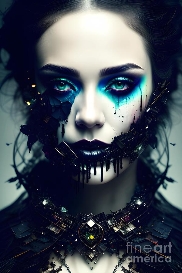 Intricate Gothic Grace - Surreal Half Portrait Of A Captivating Woman Mixed Media
