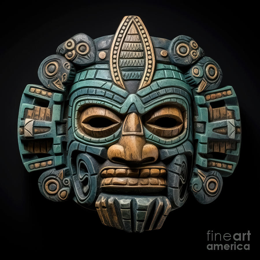 Mayan Photograph - Intricately carved Mayan mask, which would have been used as a death mask, worn for important events or worn in battle. Digital illustration. by Jane Rix