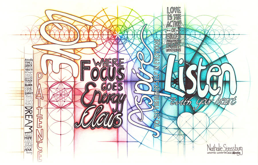 Intuitive Geometry Inspirational - Listen Love Focus Aspire Drawing by Nathalie Strassburg