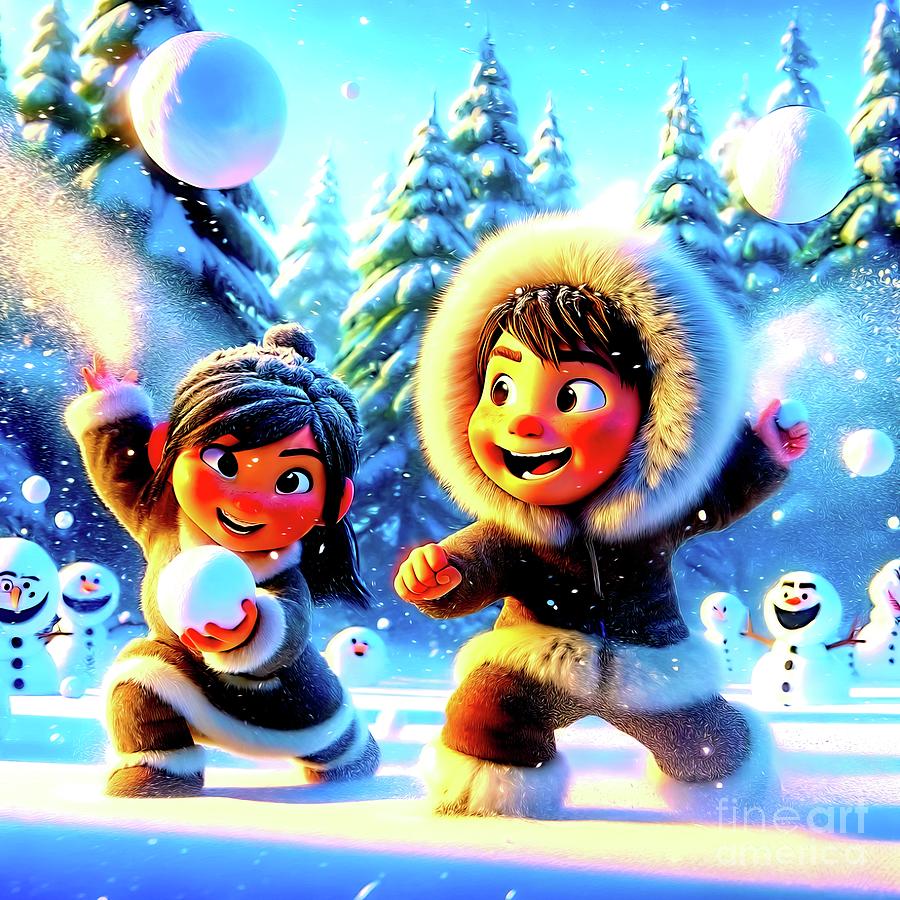 Inuit Girl and Boy Snowball Fight with Friends as Snowmen Cheer Them On Digital Art by Rose Santuci-Sofranko