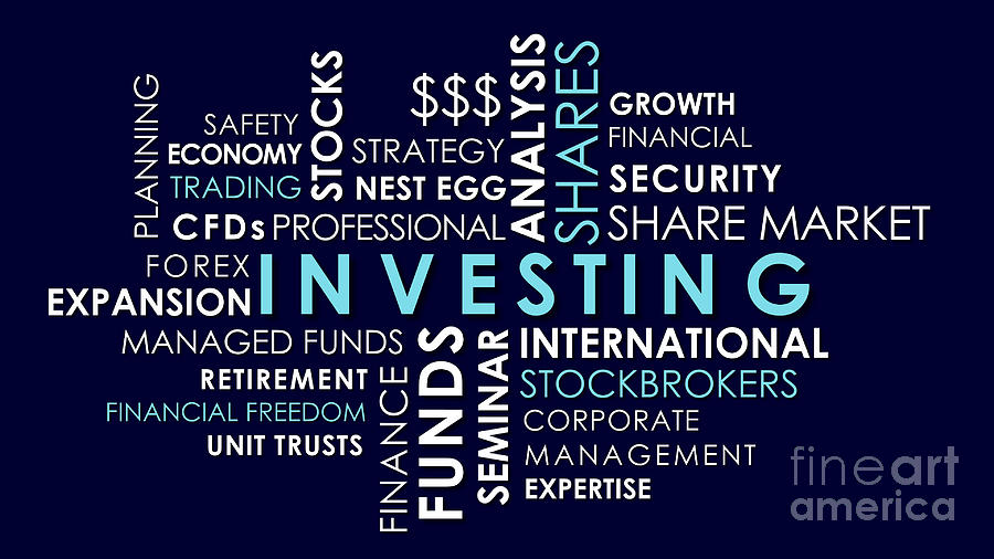 Investing and share market related words animated text word cloud. Photograph by Milleflore Images
