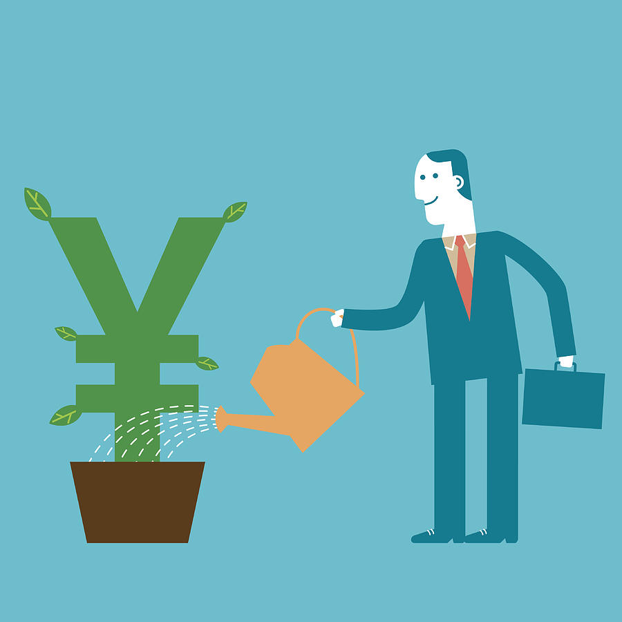 Investor Businessman watering Yen/Yuan Plant | New Business Concept Drawing by Runeer