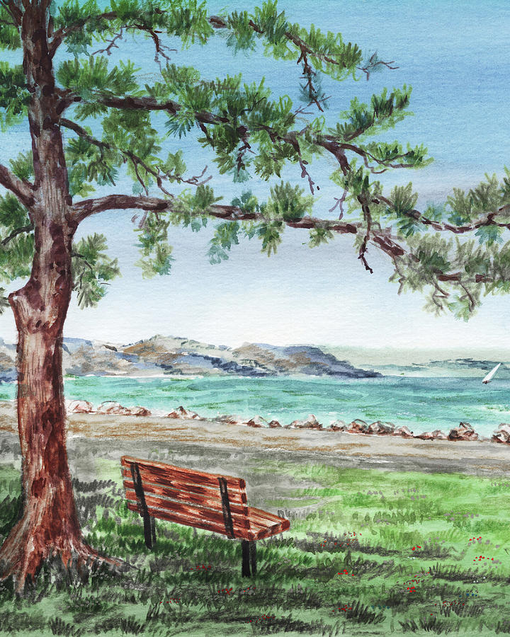 Inviting Bench At The Bay Shore Under The Pine Tree Watercolor  Painting by Irina Sztukowski
