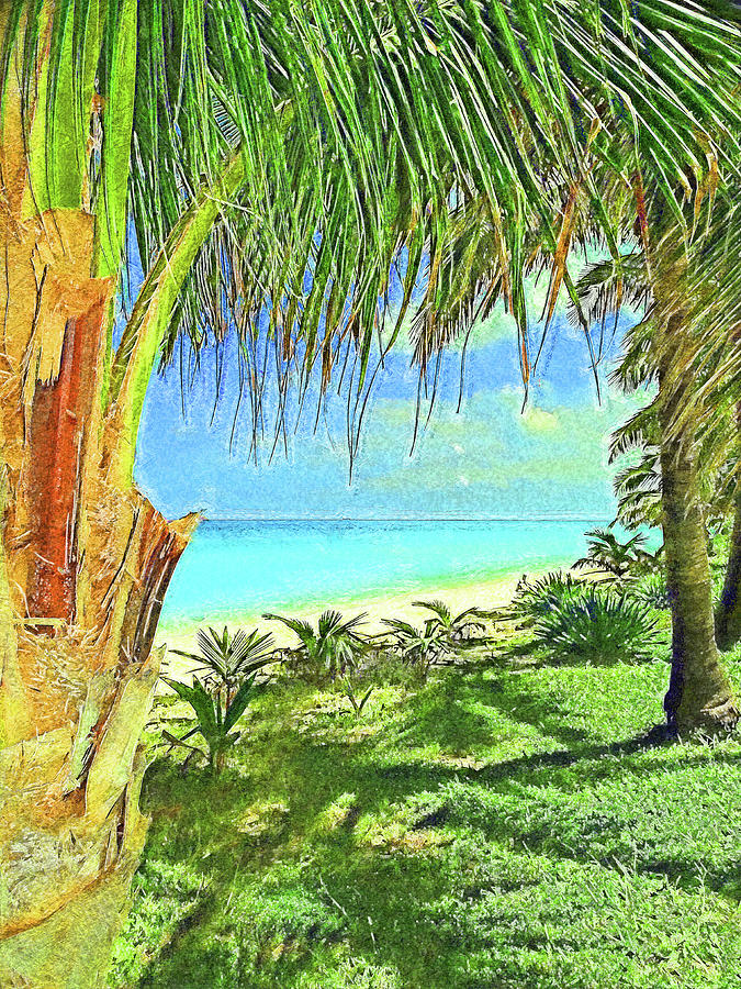 Inviting Bimini Beach Between 2 Palm Trees Impressionism by Island Hoppers Art Inviting Bimini Beach Between 2 Palm Trees Impressionism by Island Hoppers Art