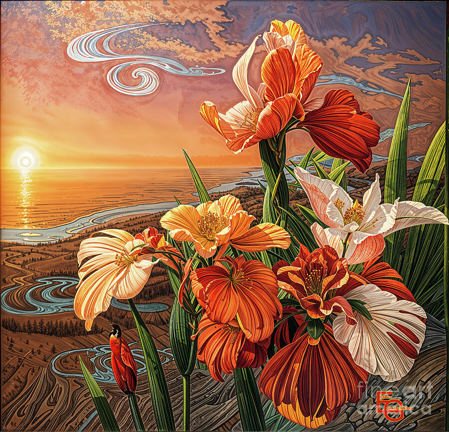 Orange irises against sunrise or sunset Digital Art by Elena Gantchikova Orange irises against sunrise or sunset Digital Art by Elena Gantchikova