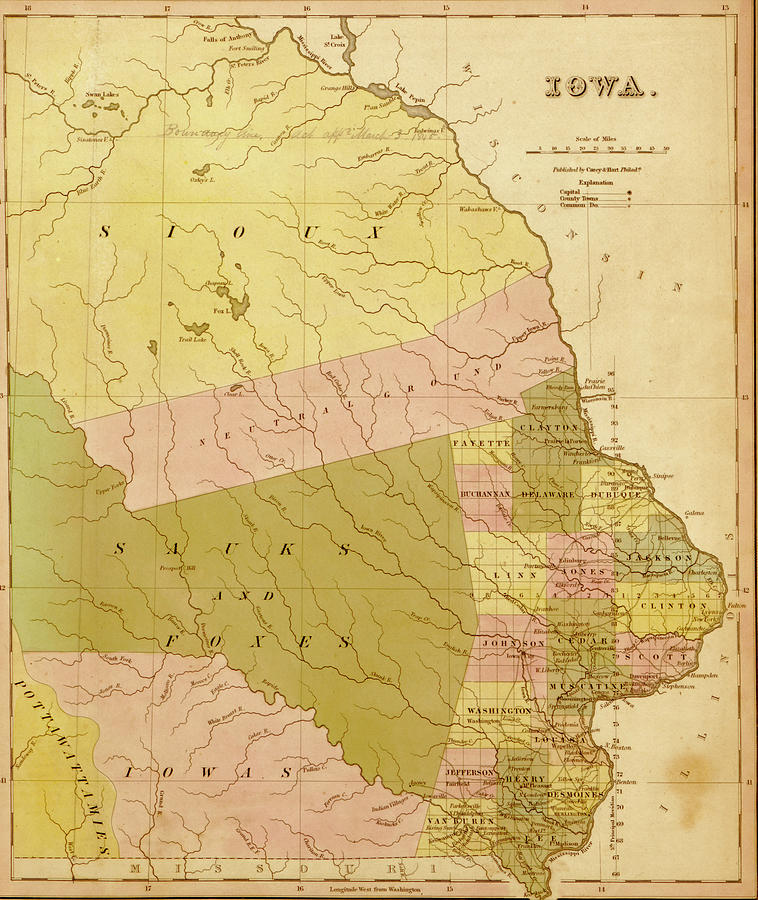 Map Drawing - Iowa 1844 by Vintage Maps