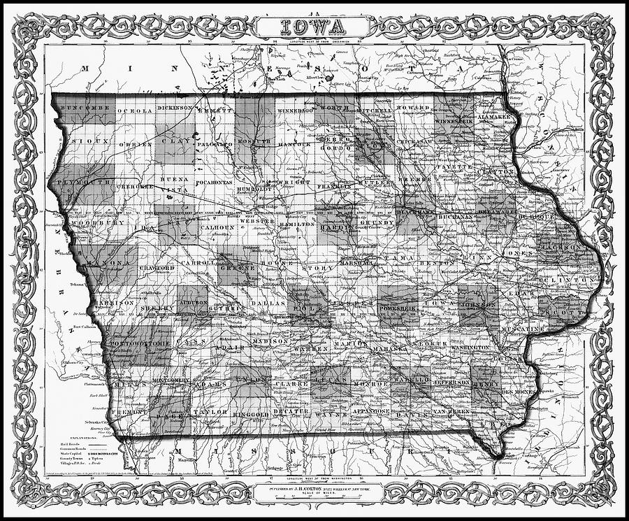 Iowa Vintage Map 1855 Black and White  Photograph by Carol Japp