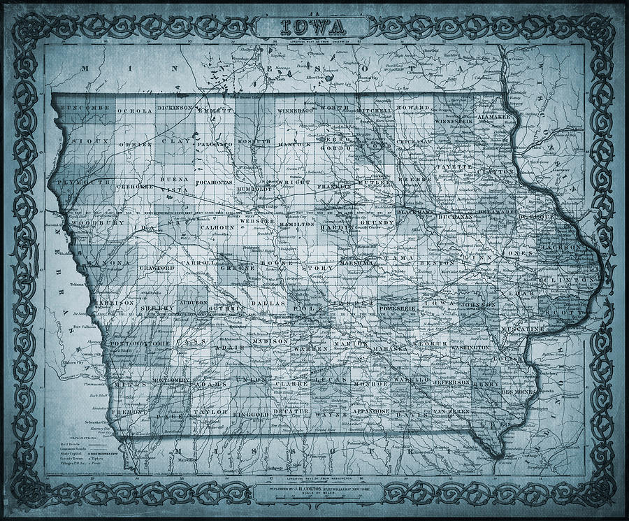 Iowa Vintage Map 1855 Blue  Photograph by Carol Japp