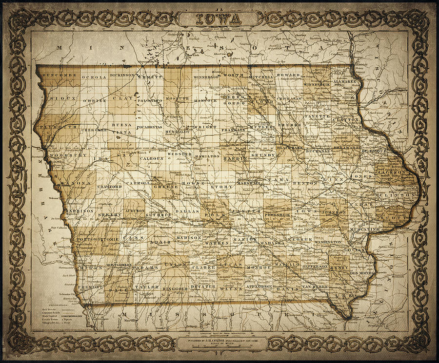 Iowa Vintage Map 1855 Sepia  Photograph by Carol Japp