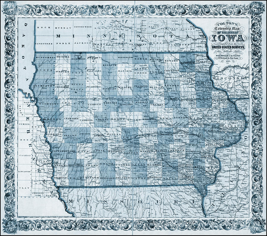 Iowa Vintage Township Map 1865 Blue Photograph by Carol Japp