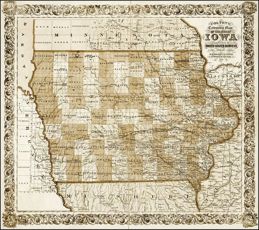 Iowa Vintage Township Map 1865 Sepia  Photograph by Carol Japp