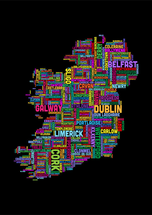 Typography Digital Art - Ireland Eire City Text Map Derry version A size by Michael Tompsett