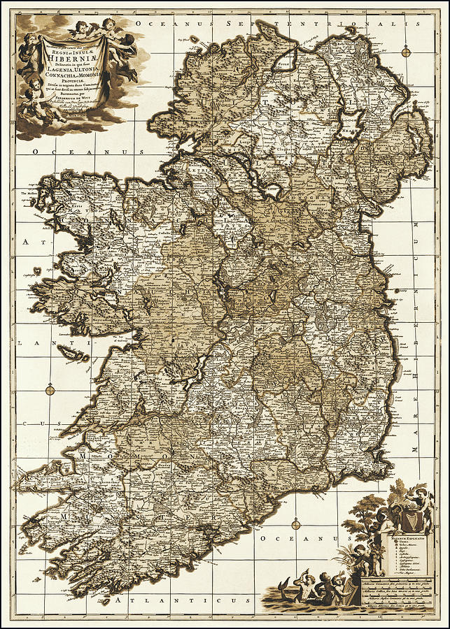 Vintage Photograph - Ireland Vintage Historical Map 1700 Sepia  by Carol Japp