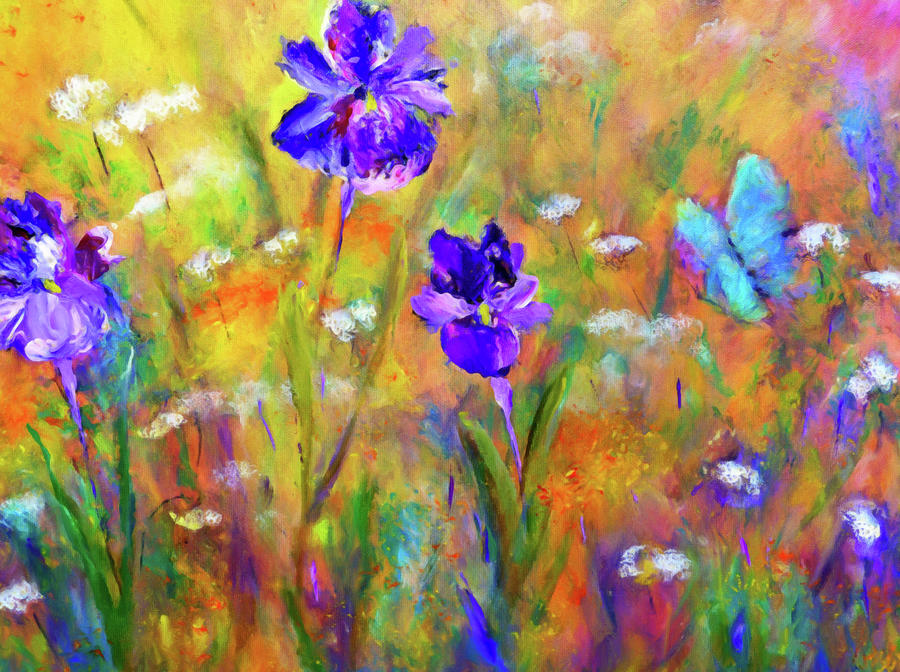 Iris Wildflowers and Butterfly Painting by Claire Bull