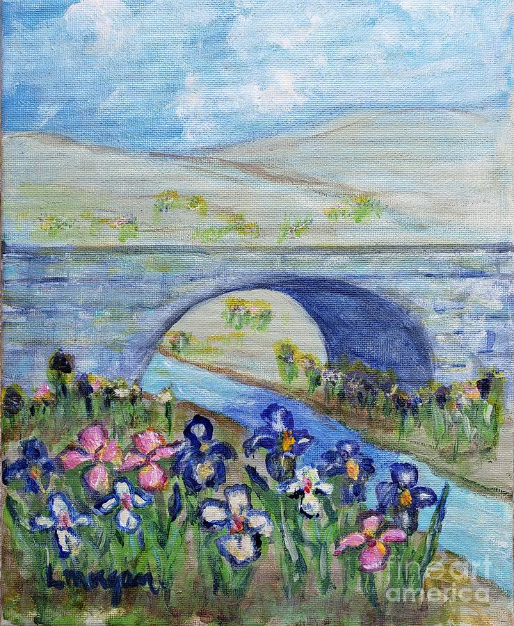 Irises by the Bridge Painting by Laurie Morgan