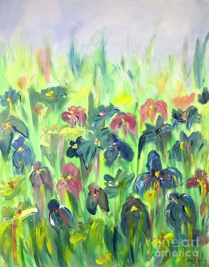 Irises in the Rain Painting by Stacey Zimmerman