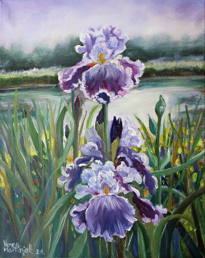 Irises On The Lake Painting