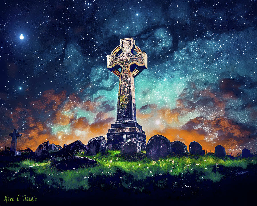 Irish Celtic Cross Beneath A Night Sky Digital Art by Mark Tisdale