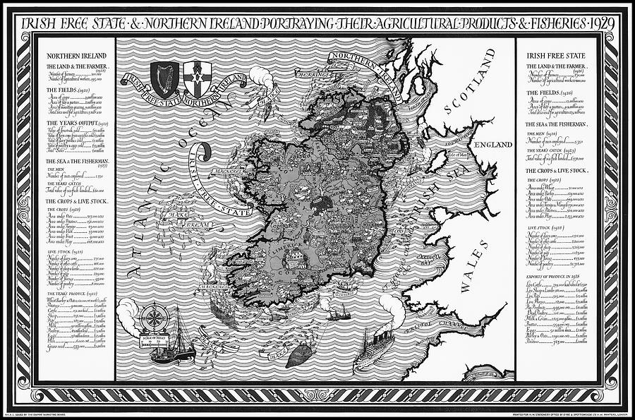 Vintage Photograph - Irish Free State and Northern Ireland Vintage Map 1929 Black and White by Carol Japp