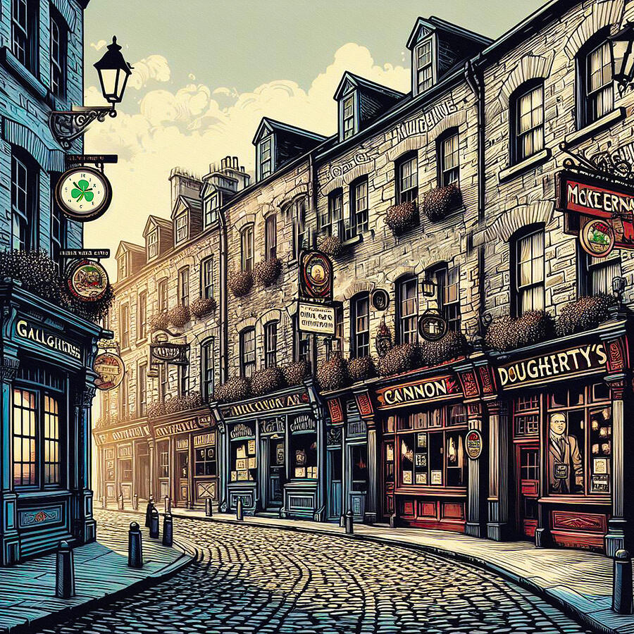 Irish Pubs on a Cobblestone Street Digital Art by Bill Cannon