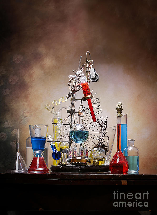 Iron artist, glasses and laboratory test tubes for the inventor of